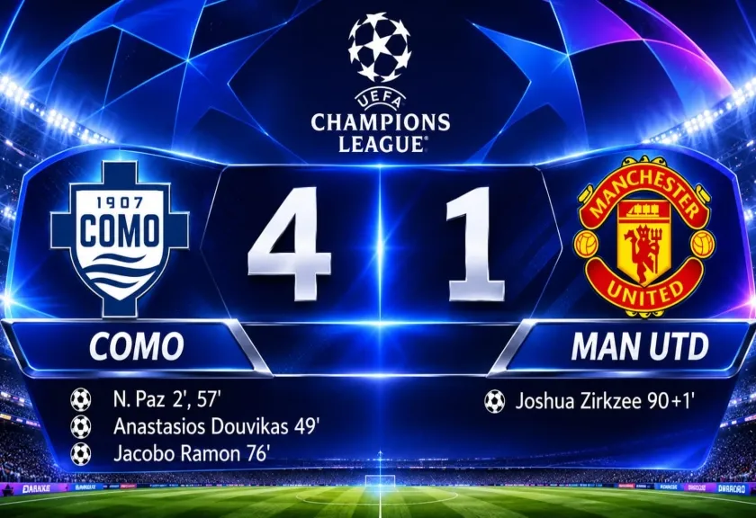 Illustration - Result of the Como vs Manchester United Champions League match.